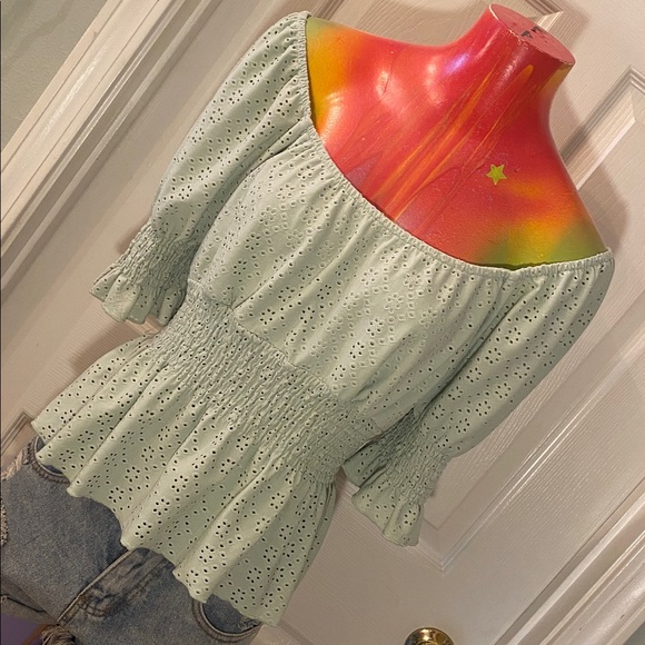 URBAN Romantics Tops - URBAN Romantics Eyelet Smocked Blouse - Mint Green